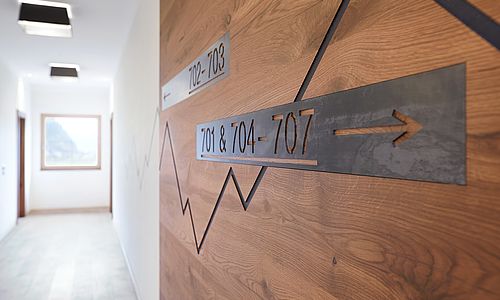 Detailaufnahme der Zimmernummern, Metallschilder auf Holz
